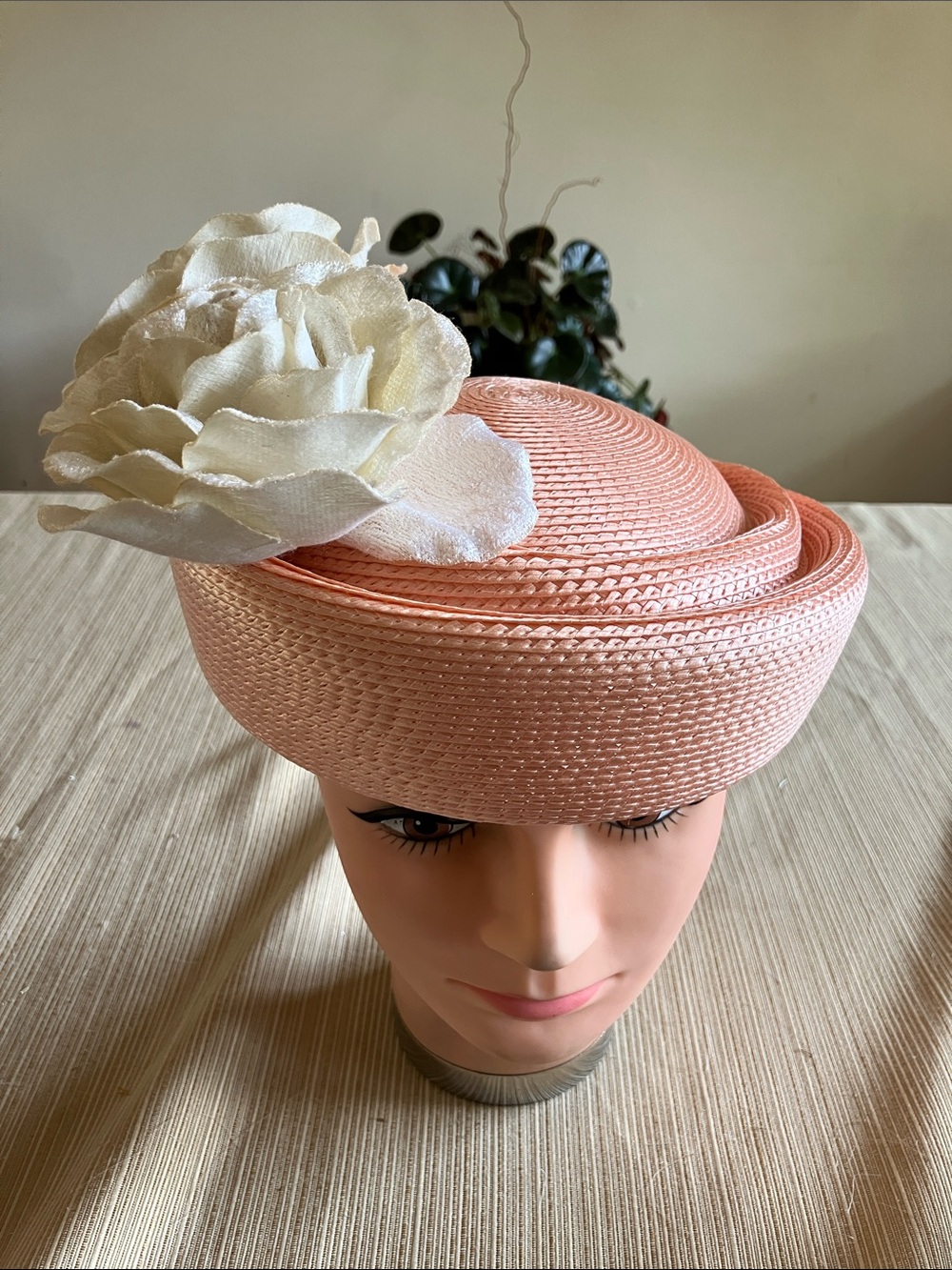 Elegant Peach Straw Cocktail Hat with Ivory Velvet Flower